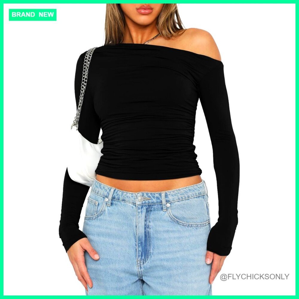 Long Sleeve Crop Top Off Shoulder Boat Neck Slim Fit Blouse Y2K